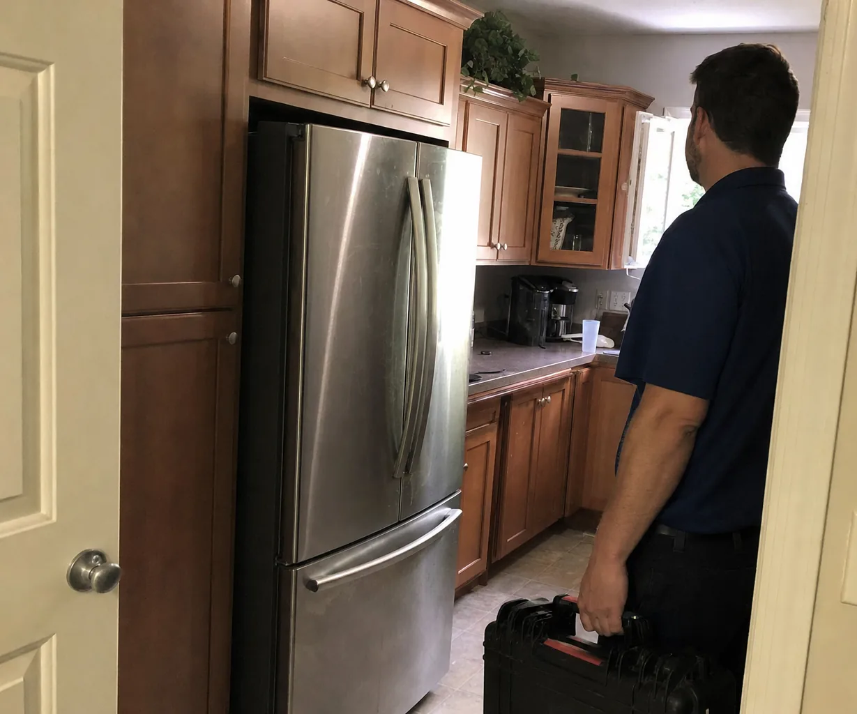 A technician carrying tools into a kitchen with maple cabinets, a coffee maker and a French-door refrigerator