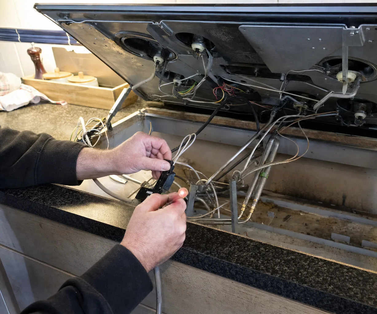 Hands holding a spark module below a raised cooktop lid, its indicator lit, screwdrivers waiting on the counter
