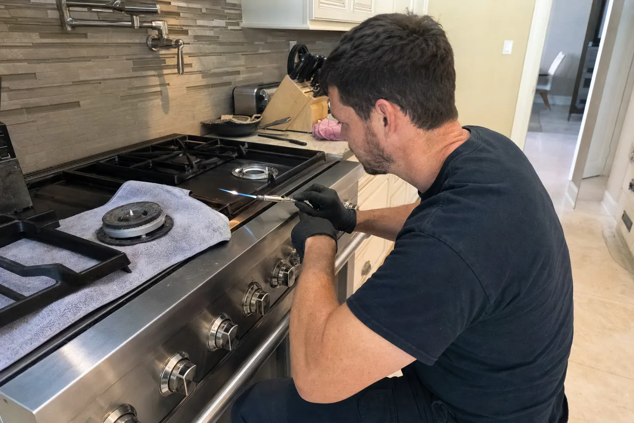 The same burner test mirrored - flame at the port, the grate lifted off and the cap set aside on a towel