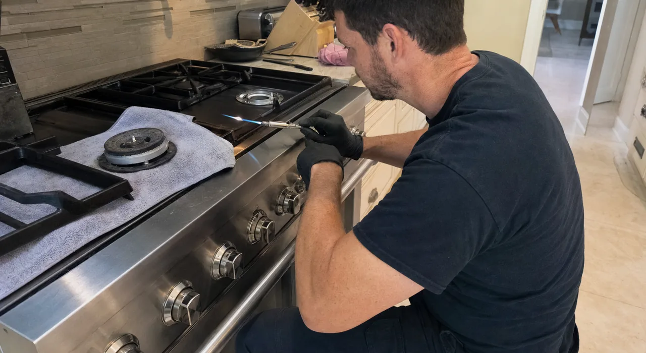 Lower half of a range call - the technician kneeling, the knob row and the drawer front of a stainless range