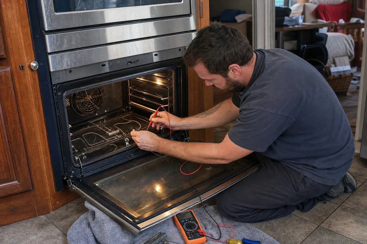 A technician kneeling at an open built-in wall oven, testing the bake element with a multimeter, door lowered