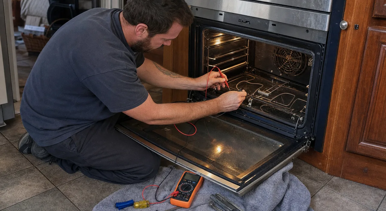 Lower half of an oven call - the lowered door, the multimeter and hand tools on a towel on the tiled floor