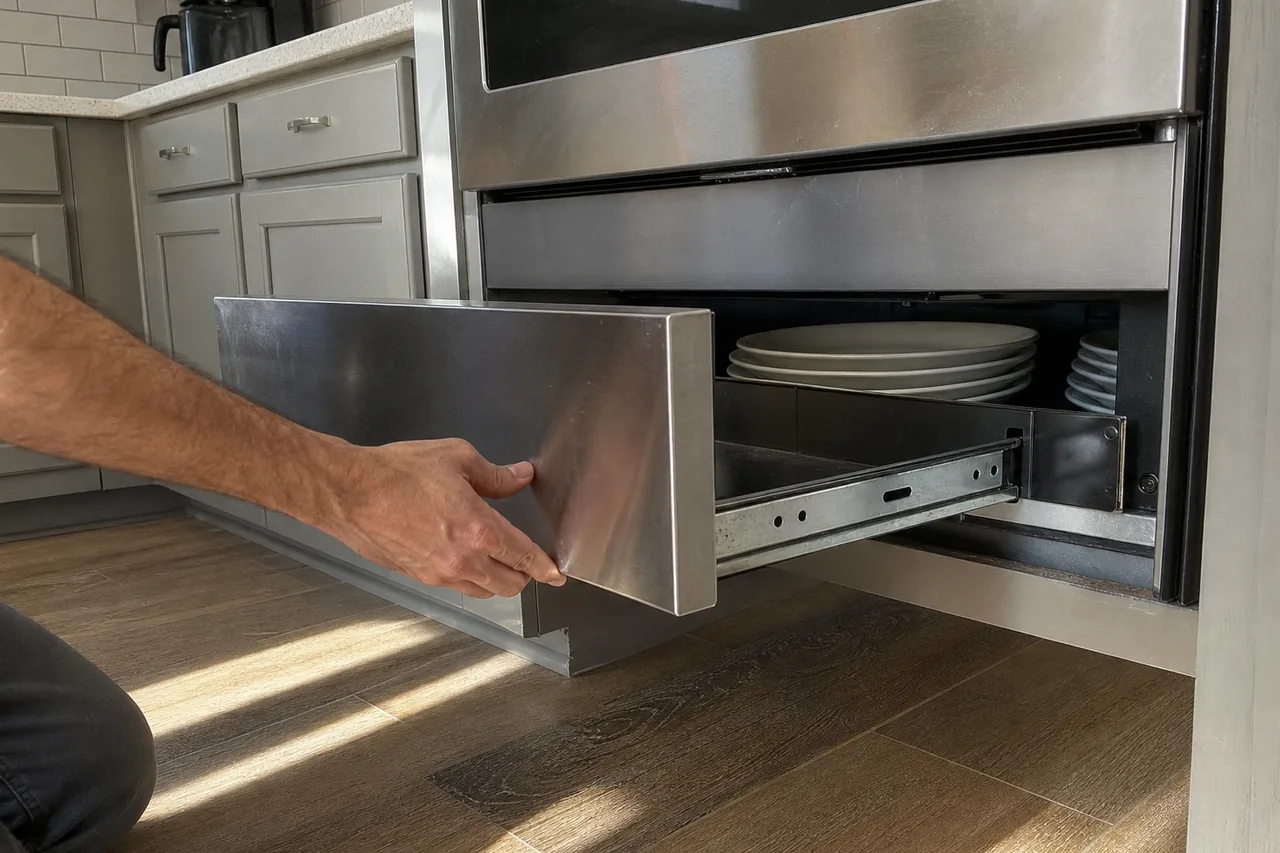 A hand draws a stainless warming drawer out on its ball-bearing slides below a wall oven, a stack of white plates inside and late sun across the wood-look floor